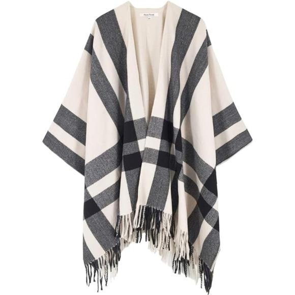 Women's Travel Plaid Shawl Wrap Open Front Poncho Cape for Fall Winter - Picture 1 of 7